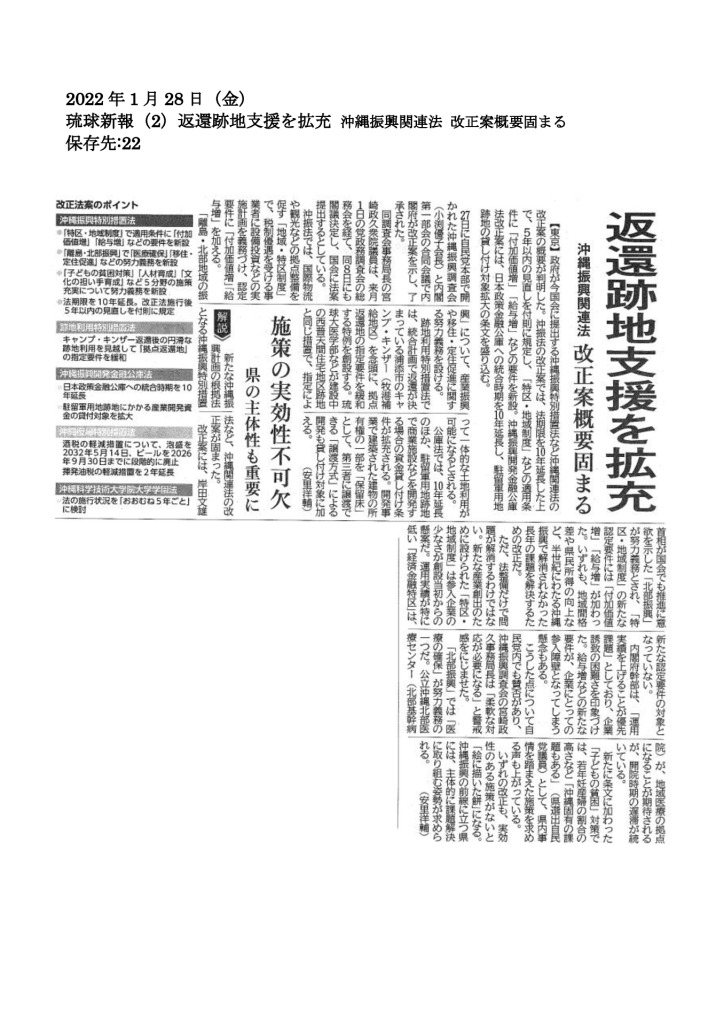 20220128【返還跡地支援を拡充 沖縄振興関連法 改正案概要固まる】のサムネイル